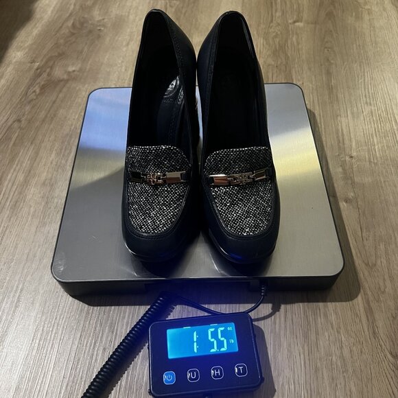 Tory Burch Women's Black Leather & Tweed wedges With Gold Hardware & Block Heels - Picture 7 of 7